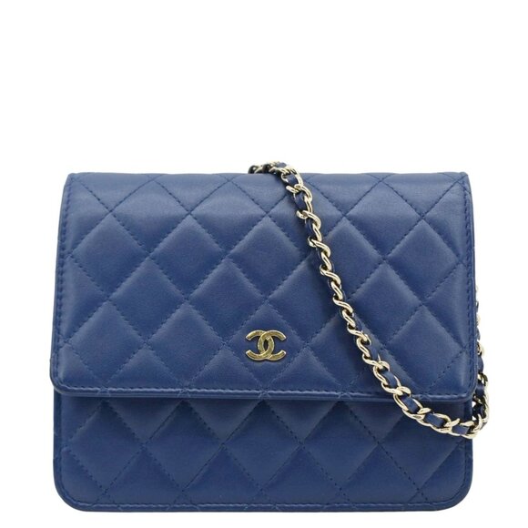 CHANEL  Square Wallet On Chain Quilted Leather Crossbody Bag Blue - Picture 1 of 13
